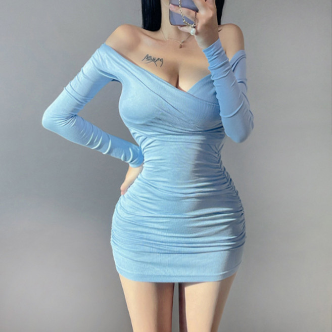 cammello 랩스타일 셔링 바디콘 긴팔 미니 원피스