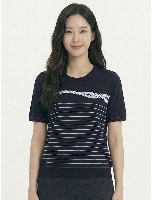 크로커다일레이디 네이비 스트랩 스트라이프 니트 티셔츠 CLBMSW202