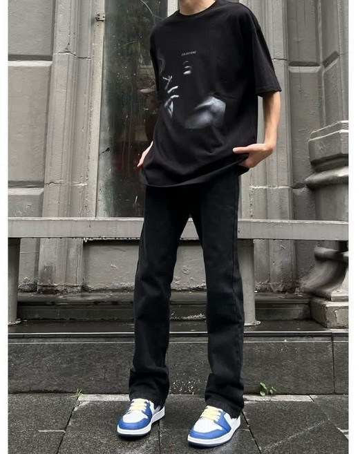高腰牛仔褲 彈力牛仔褲 顯瘦牛仔褲 美式vibe風水洗淺色牛仔褲男潮流高級感簡約基礎款修身直筒長褲子
