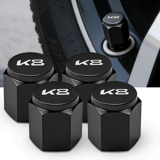 Kazama 자동차 타이어 밸브캡 4개입 기아 호환 K8 레이 각인 다용도 공기 누출 방지 두랄루민 6각 마개캡 F240-K, K8-black, 1세트