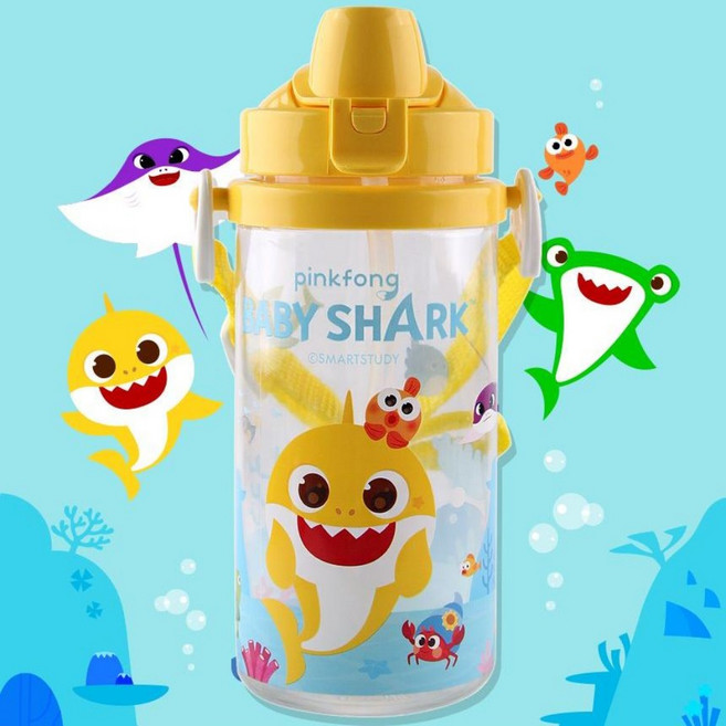 아기상어 끈 빨대물통 유아 물병 어린이집 빨대컵, 1개, 350ml