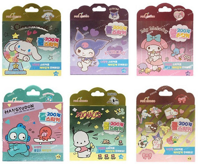 산리오 캐릭터 롤 200개 스티커 6P 세트 (중복 없음), 1세트