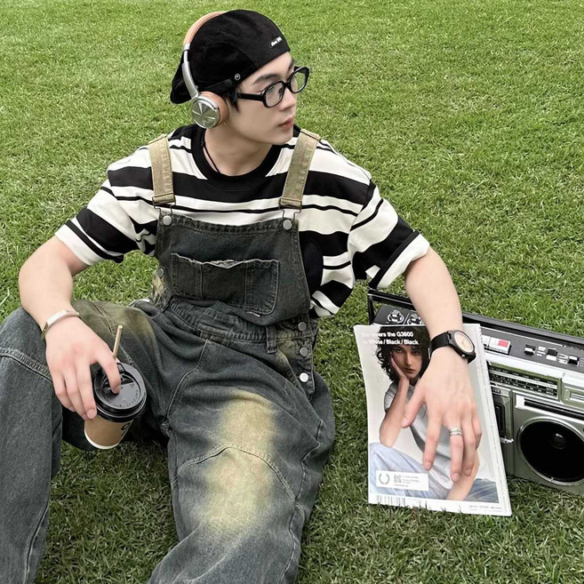 캐주얼 남자 청멜빵바지 빈티지 오버롤 와이드 점프슈트 데님 멜빵바지 봄 가을 남성 데님 점프수트 YJW