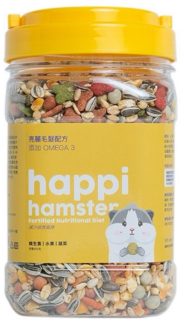 台灣製優質倉鼠飼料 happi hamster 倉鼠飼料, 1個, 亮麗毛髮配方-黃色, 600g