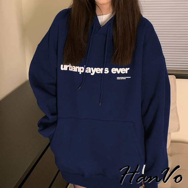 HanVo 英文印花加絨帽T 潮流寬鬆百搭上衣 彈力顯瘦韓系女裝