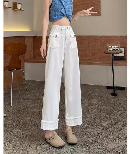 SAHINER 여성 데님 와이드 팬츠 와이드 포켓 하이웨스트 여름용