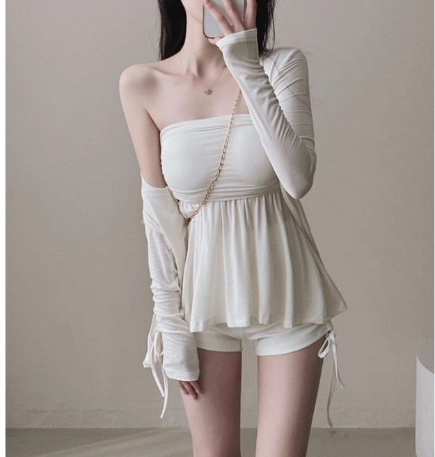 예쁨시전 [캡내장] 글램섹시 실루엣 튜브탑 가디건 투피스 세트