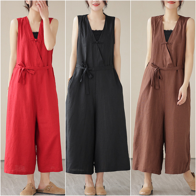FINE ART 여성 린넨 민소매 멜빵 바지 면마 점프수트 브이넥 롱조끼 얇은 9부 팬츠 빅사이즈