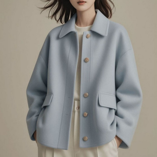 JIEVE 여성용 겨울 모직 코트 넉넉한 핏 클래식 카라 버튼 장식 숏 코트 따뜻한 아우터 SZ111779