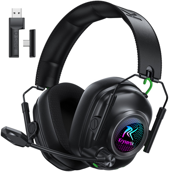 Krysenix 무선 게이밍 헤드셋 초경량 가상 7.1채널 2.4GHz 저지연 3D 사운드 노이즈 캔슬링 마이크 RGB, 블랙, KGH2