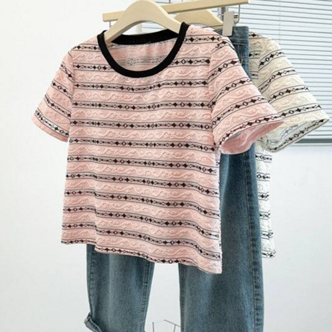 동방 여성 여자 레이스 스트라이프 라운드넥 반팔 여름 티셔츠 상의