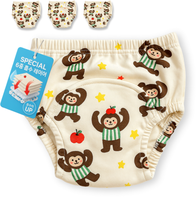 조임없는 유아용 순면 6중 방수 원송이 배변 훈련팬티 4종 세트, 4개, 사과 원숭이