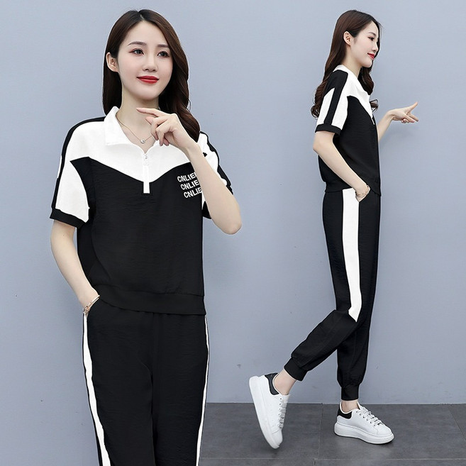 NEW 봄여름 여성 캐주얼 트레이닝복 반팔티 9부 바지 투피스 루즈핏 상하세트여자 츄리닝세트 투피스세트 운동복세트 빅 사이즈 여성의류 4XL