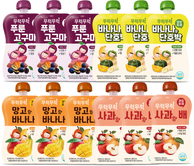 무럭무럭 과일퓨레 알뜰팩 모음, 100g, 12개, 사과배/망고바나나/푸룬고구마/바나나단호박