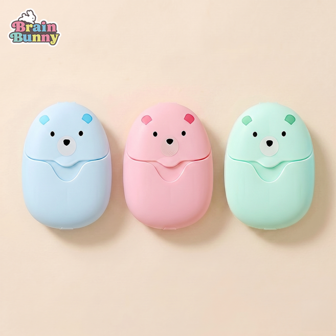 브레인버니 곰돌이 종이비누 휴대용 일회용, 2.7g, 3개, 블루+핑크+그린