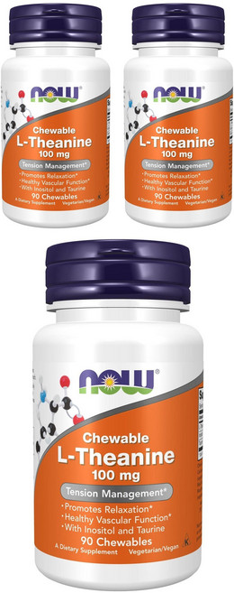 NOW Foods 左旋茶胺酸100mg口嚼錠, 90顆, 3罐
