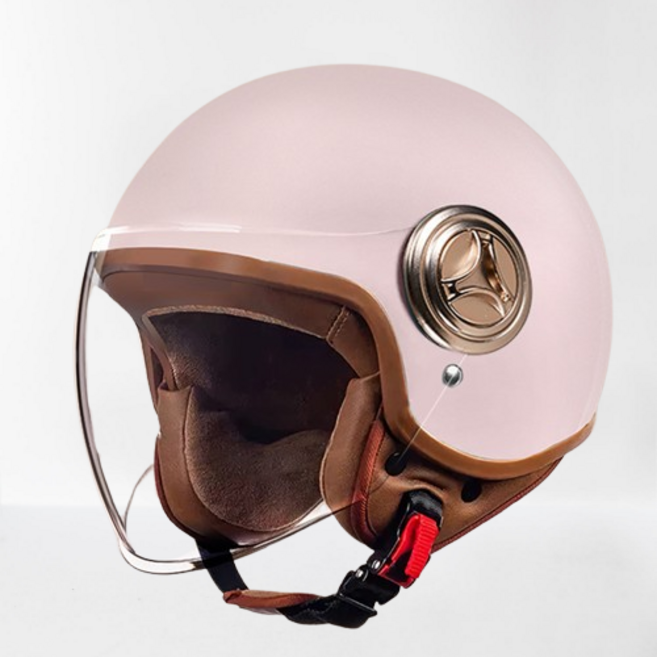 JIEYI 復古頭盔 四季通用安全帽, 801新國標A類3C認證【柔霧粉】-長鏡