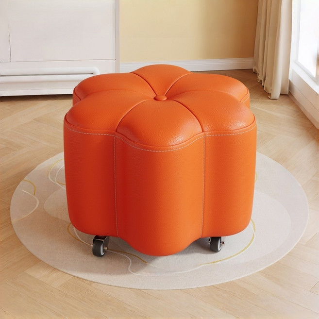 WHH 이동식 현관 스툴 가죽 꽃송이 바퀴 의자, 1개, 오렌지