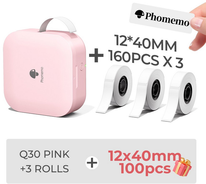 라벨프린터 블루투스 스티커인쇄 Phomemo Q30 열 메이커 P15 D110 D110M 기계와 유사 있는 무선, 옵션08) Pink-12x40mm 3PK