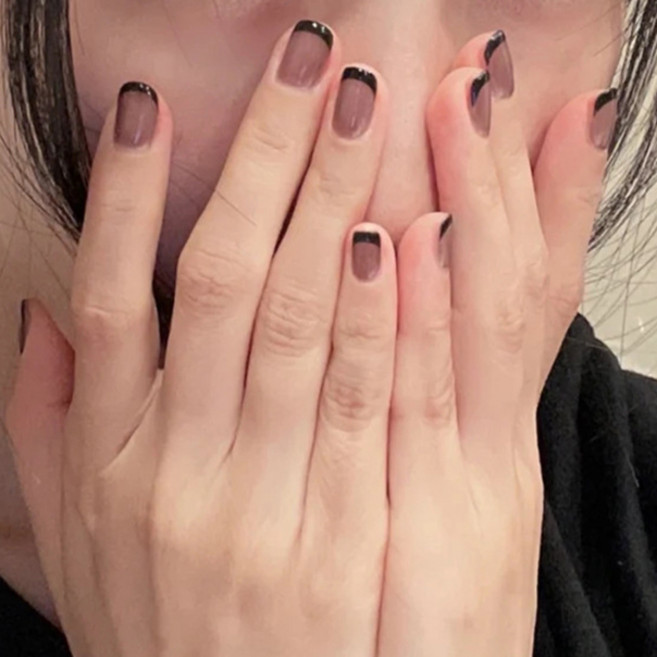 유니스뮬라 네일팁 투명 블랙 프렌치 심플 숏팁 U219, 2개