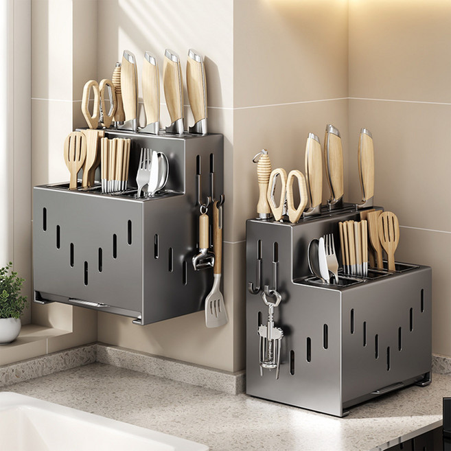 Leesheer 칼꽂이 젓가락통 올인원 수저통 무타공 물빠짐 통풍형, 1개, 그레이
