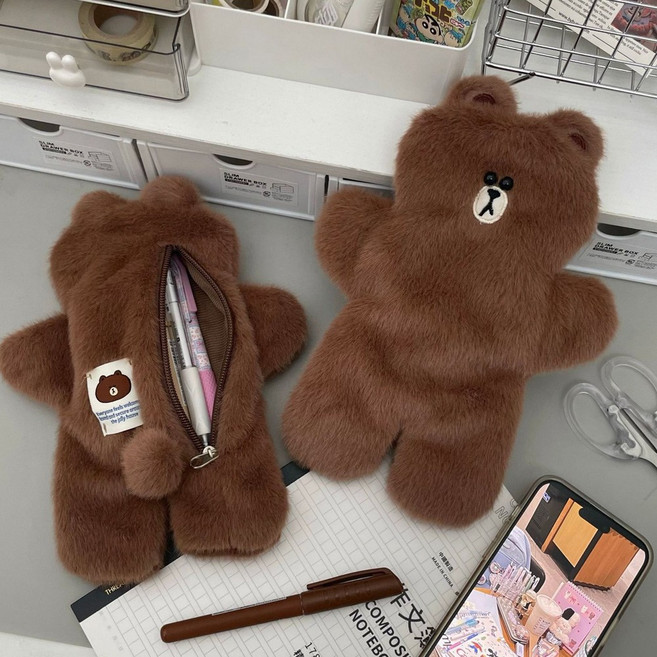 이지몰 귀여운 곰돌이 인형 필통 펜 파우치, 1개, 브라운