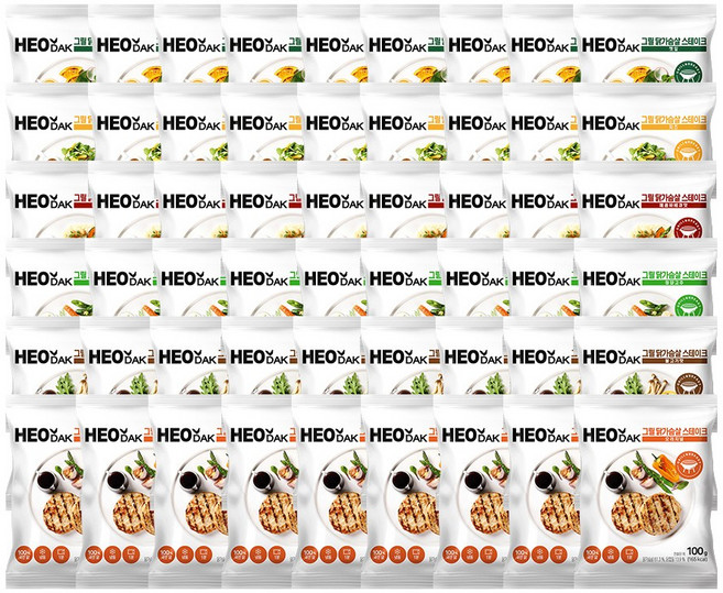 허닭 그릴 닭가슴살 스테이크 6종 혼합, 54개, 100g