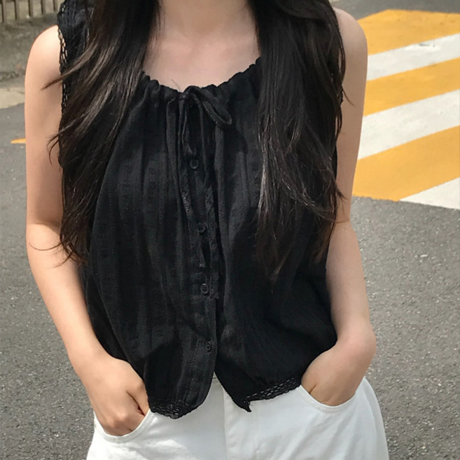 스토리원 WM-SSWT017 여성 리본 레이스 셔링 블라우스 민소매 나시