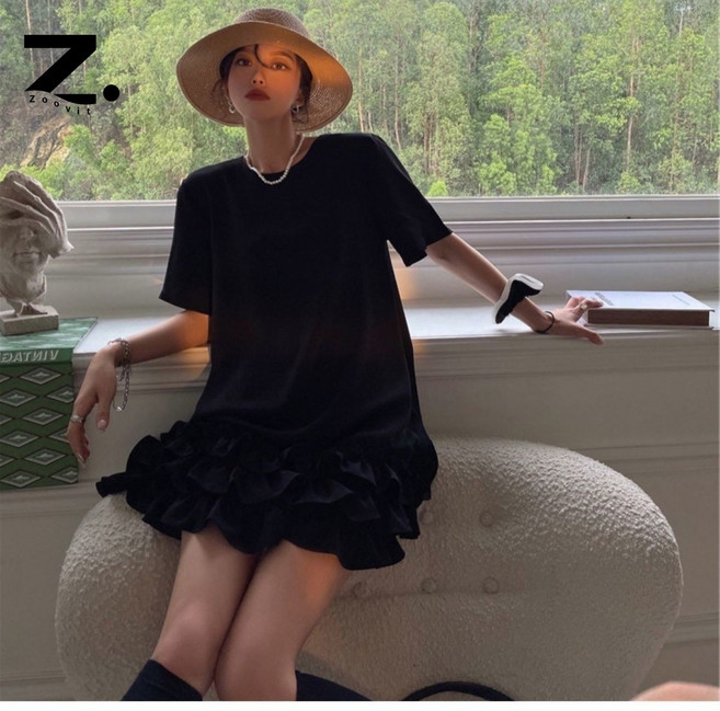 Zoovit 여성 빅사이즈 반팔 미니 원피스 여름 루즈핏 라운드넥 원피스