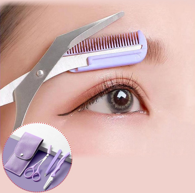 [핑크마카롱] 깔끔눈썹 정리 3종세트(숱가위+눈썹칼+트위저+가죽케이스), 1세트, 보라
