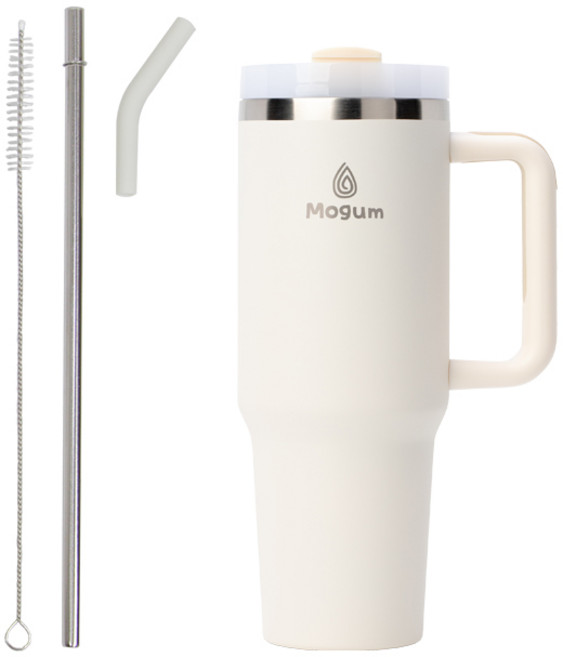 모굼 보온 보냉 대용량 손잡이 스텐 텀블러, 1개, 1200ml, 크림화이트