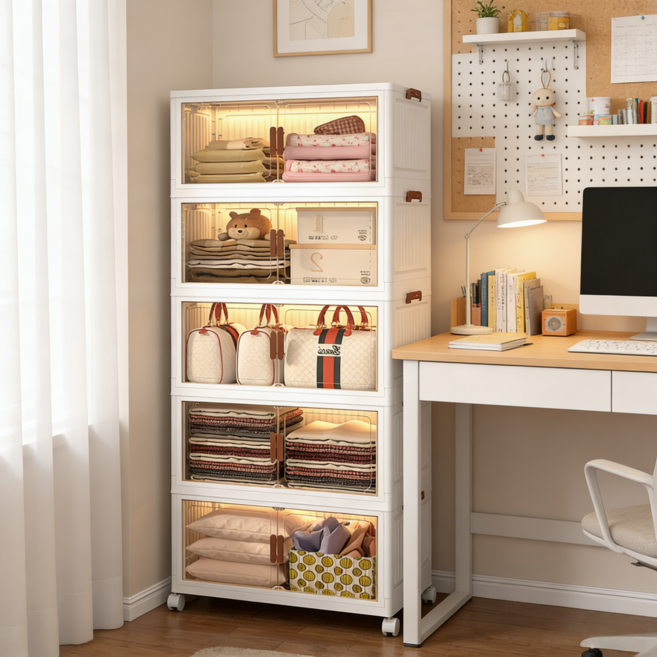 Tixpra 가정용 다용도 접이식 수납장 조립 필요 없음 대용량 양문형 거실이동식 가구, 투명해요