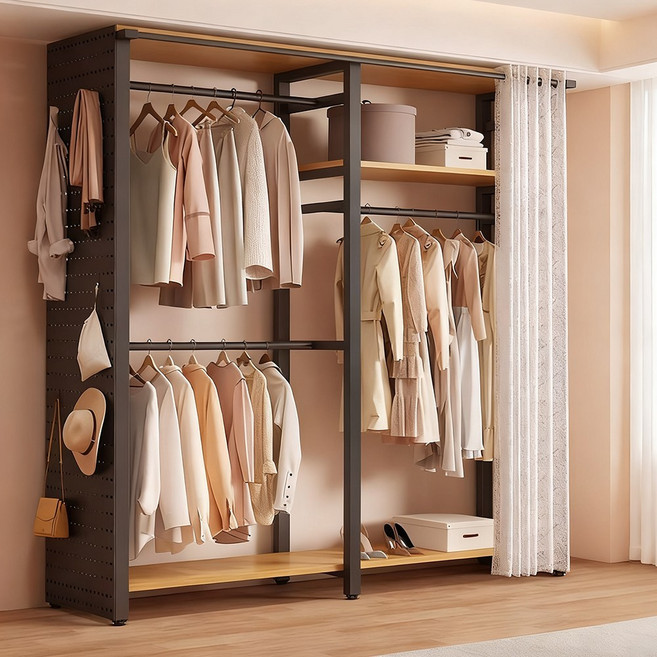 드레스룸 시스템 철제 행거 튼튼한 스탠드 행거 오픈형 조립식 원룸옷장, 검정색(A)전면 커튼+한쪽 타공판