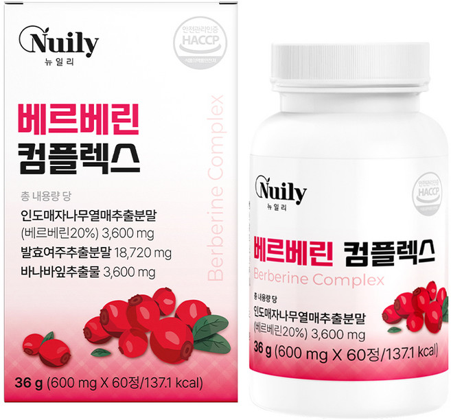 뉴일리 베르베린 컴플렉스 600mg 60정 인도매자나무 바나바잎 발효여주 HACCP, 12개