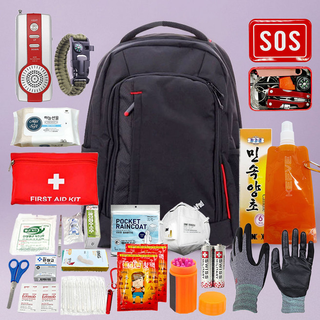 안전닷컴 서바이벌 생존 가방 기본형 세트 지진 재난 피난 배낭, 블랙, 1세트