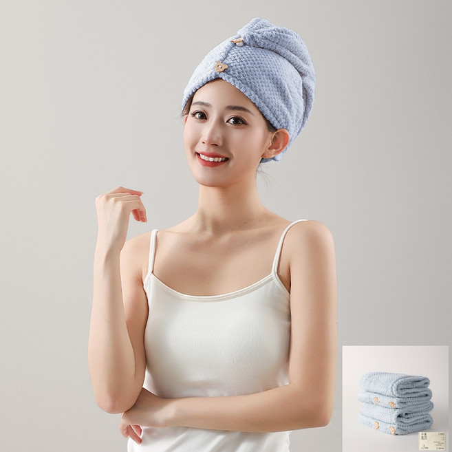 여성 헤어타월 건조모자 2개입 마이크로파이버 빠른건조 버튼형 조절가능, 2개, 푸른 색