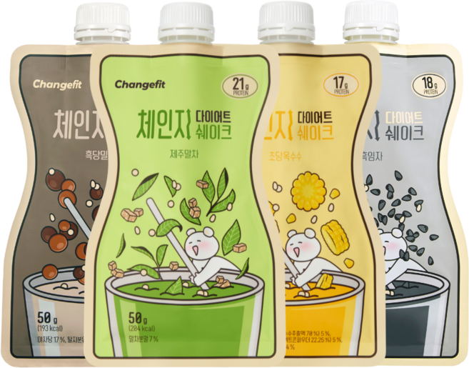 [단독] 체인지핏 프로틴 쉐이크 다이어트 맛보기 4팩 (흑당밀크티 1팩+흑임자 1팩+제주말차 1팩+초당옥수수 1팩), 1세트, 200g