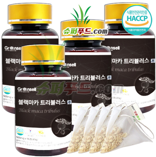 HACCP 식약처 인증 블랙마카 젤라틴화마카 l 아르기닌 트리뷸러스 비타민 남가새 치커리 뿌리 분말 산수유 홍삼농축 bcaa 블랙 마카 트리뷸러스정 + 슈퍼푸드.com 연자육 티백, 4세트, 90정