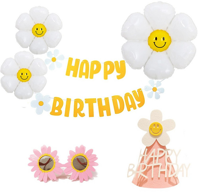 올리브파티 데이지 풍선 펠트 가랜드 모자 안경 생일파티 용품 세트 홈파티, 피치, 1세트
