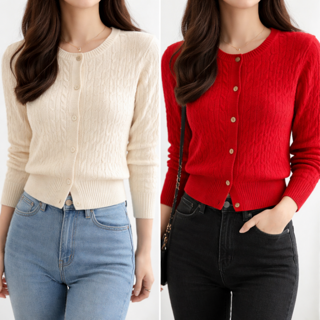 라온트 여성 봄 니트 가디건 꽈배기 긴팔 스웨터 2종 세트
