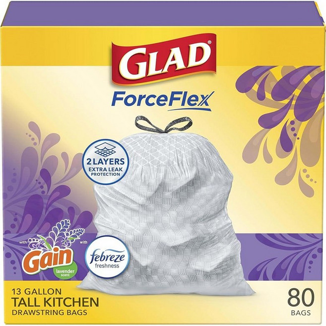Glad OdorShield 톨 키친 드로스트링 쓰레기 봉투 - 페브리즈 지중해 라벤더 - 49.2L(13갤런) - 80개, Glad OdorSHIELD 쉴드 톨 키친 드로스트링