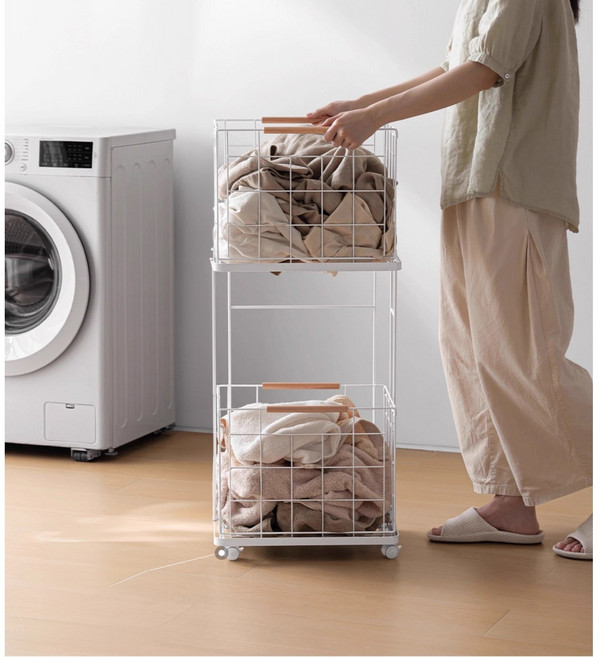 프리미엄 이동식 폴딩 철제 2단 빨래바구니, 화이트, 화이트