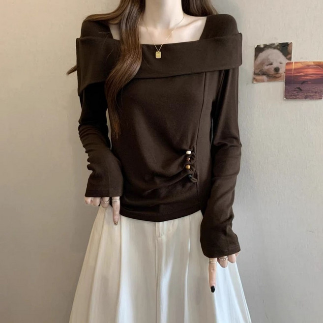 Makone 여성 스퀘어넥 숄카라 패션 긴팔티 비대칭 밑단 트랜드 캐주얼 데일리 티셔츠