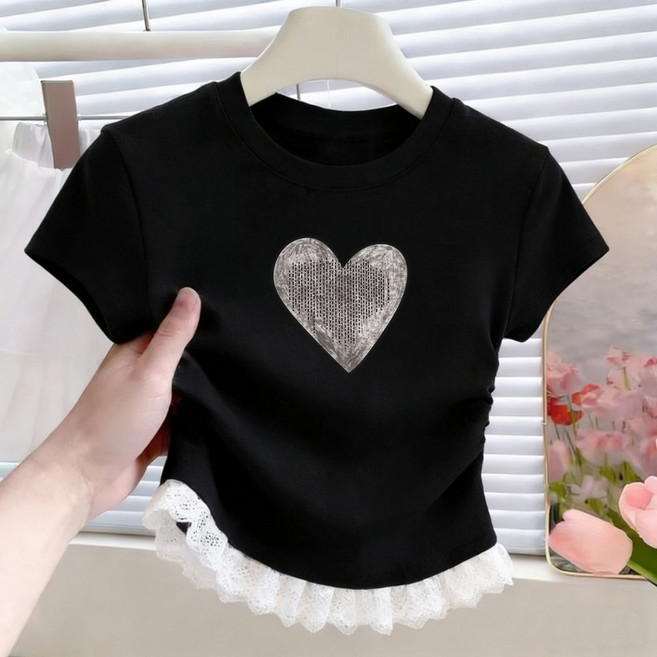 해피유통 어린이 봄여름 하트 패턴 반팔 티셔츠 레이스 밑단 귀여운 디자인 디자인14세 이상