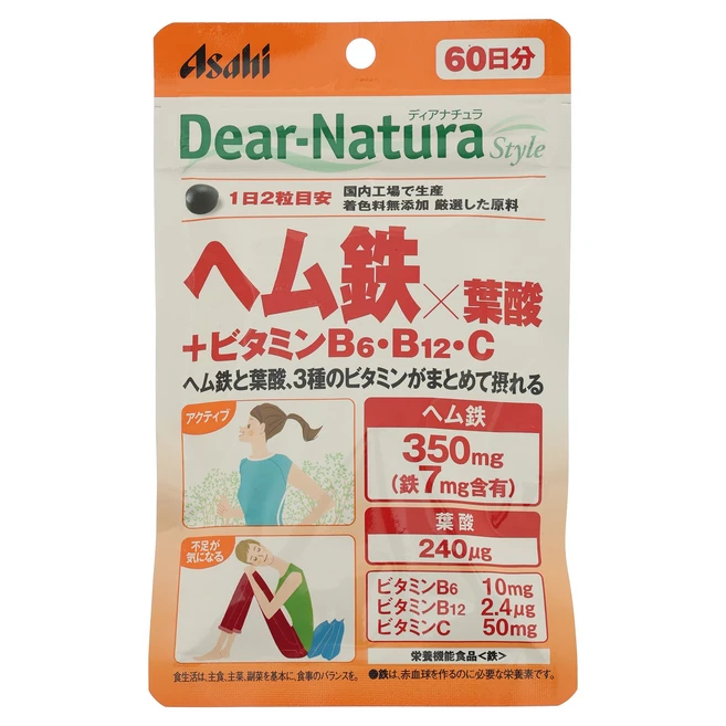 Asahi 디어 내츄라 스타일 헴철 350mg X 엽산 240ug + 비타민 B6 B12 C 타블렛, 1개, 120정 - 쿠팡