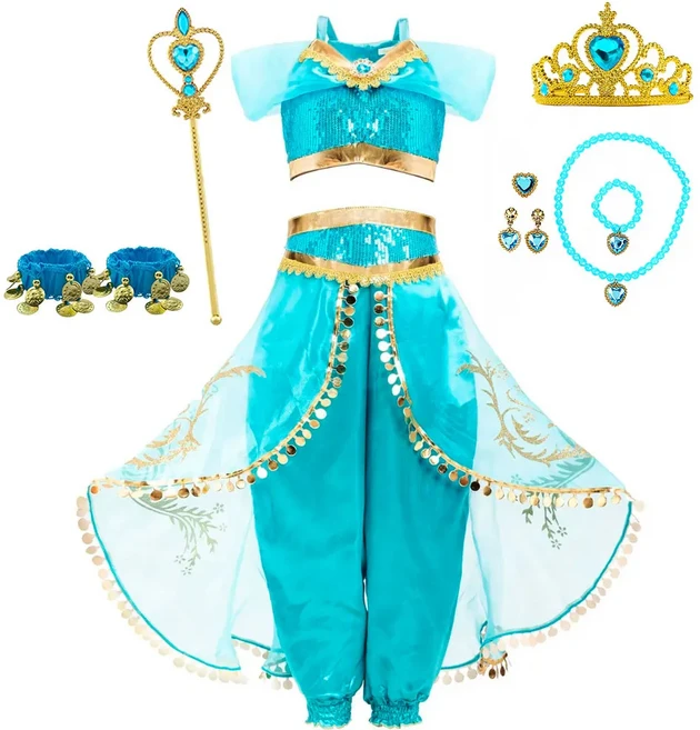 알라딘과 마법의 램프 재스민 요정 의상 공주 드레스 어린 소녀용 팬시 2026 할로윈 카니발 코스프레, 01 11-12T(TAG 160), 03 JASMINE 04
