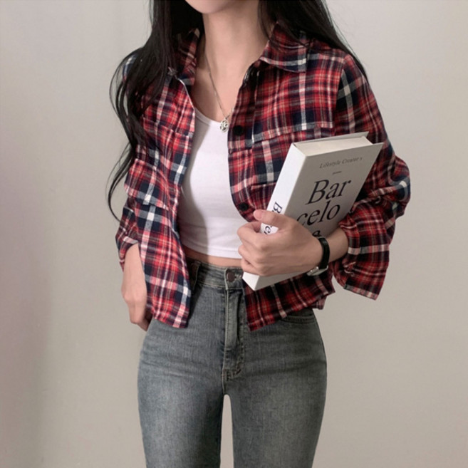 라라홀리 캐주얼 크롭 체크 루즈핏 빈티지 셔츠