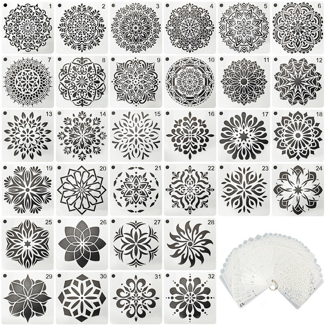 만다라 스텐실 도안 32매 세트 만다라 중공 그림 템플릿 꽃 페이팅 스텐실도안 DIY 아트용품 12*12cm 벽 직물등에 적용