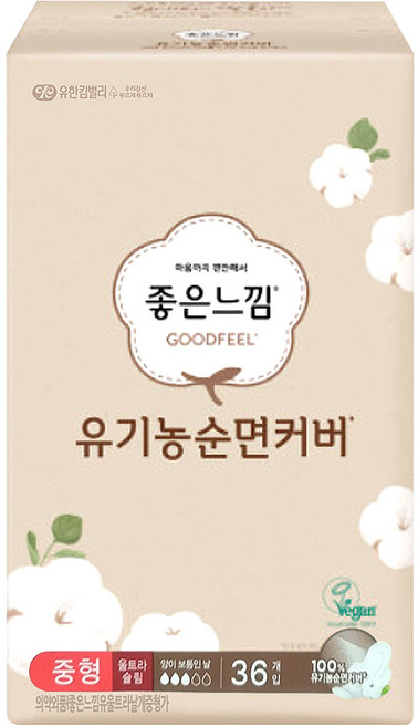 좋은느낌 유기농 순면커버 울트라슬림 생리대 날개형, 중형, 36개입, 1개