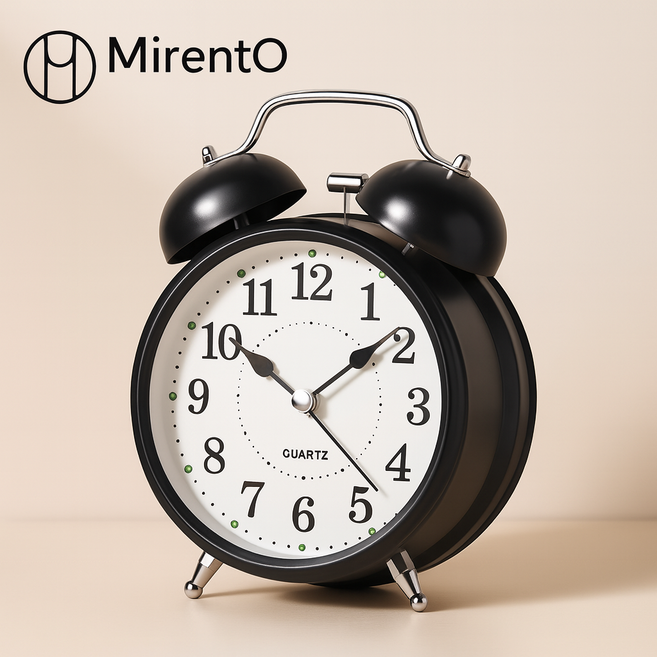 미룬토 클래식 디자인 시끄러운 자명종 무소음 알람시계, 블랙